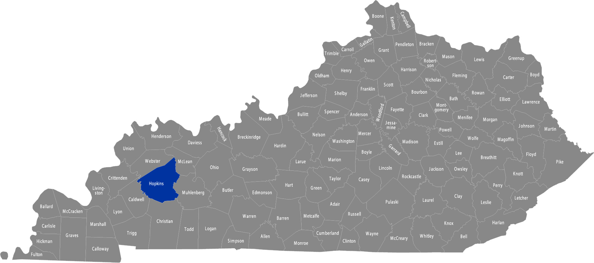 State of Kentucky map with Hopkins County highlighted